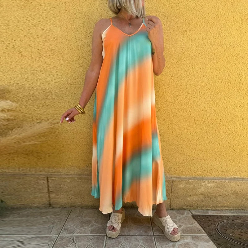 

Elegant Gradient Printed Spaghetti Strap Dress Women Sexy Deep V-neck Sleeveless Party Dress Fashion Pleated Loose Long Dresses