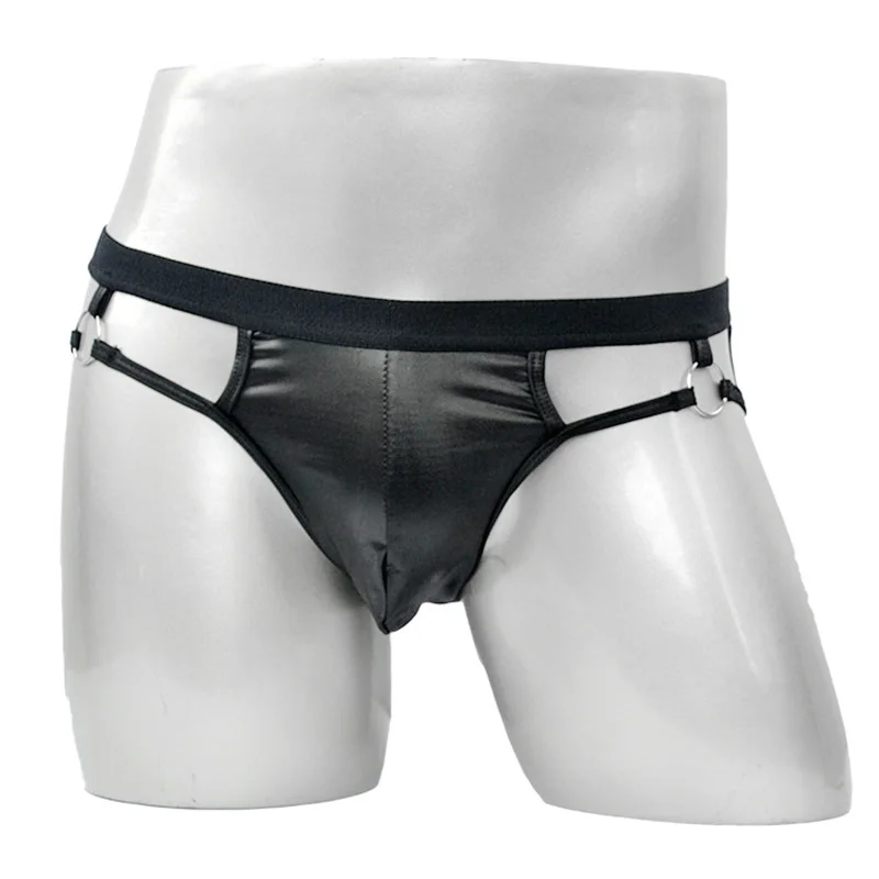 Men's Sexy G-string Hollow Out Underwear Artificial Leather Metal Ring Thong Jock Strap Underpants Bulge Pouch Short Briefs