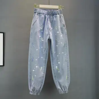 High waisted Jeans For Summer 2025 New Loose Elastic waist Hot pressed Diamond Pants Women's Casual Denim Trousers 1