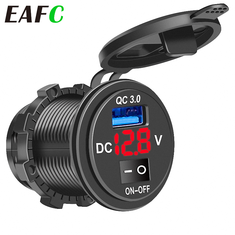 Car Charger Socket with Switch 12V/24V Dual USB Port Quick Charge QC3.0 Power Adapter for Mobile Phone Charging