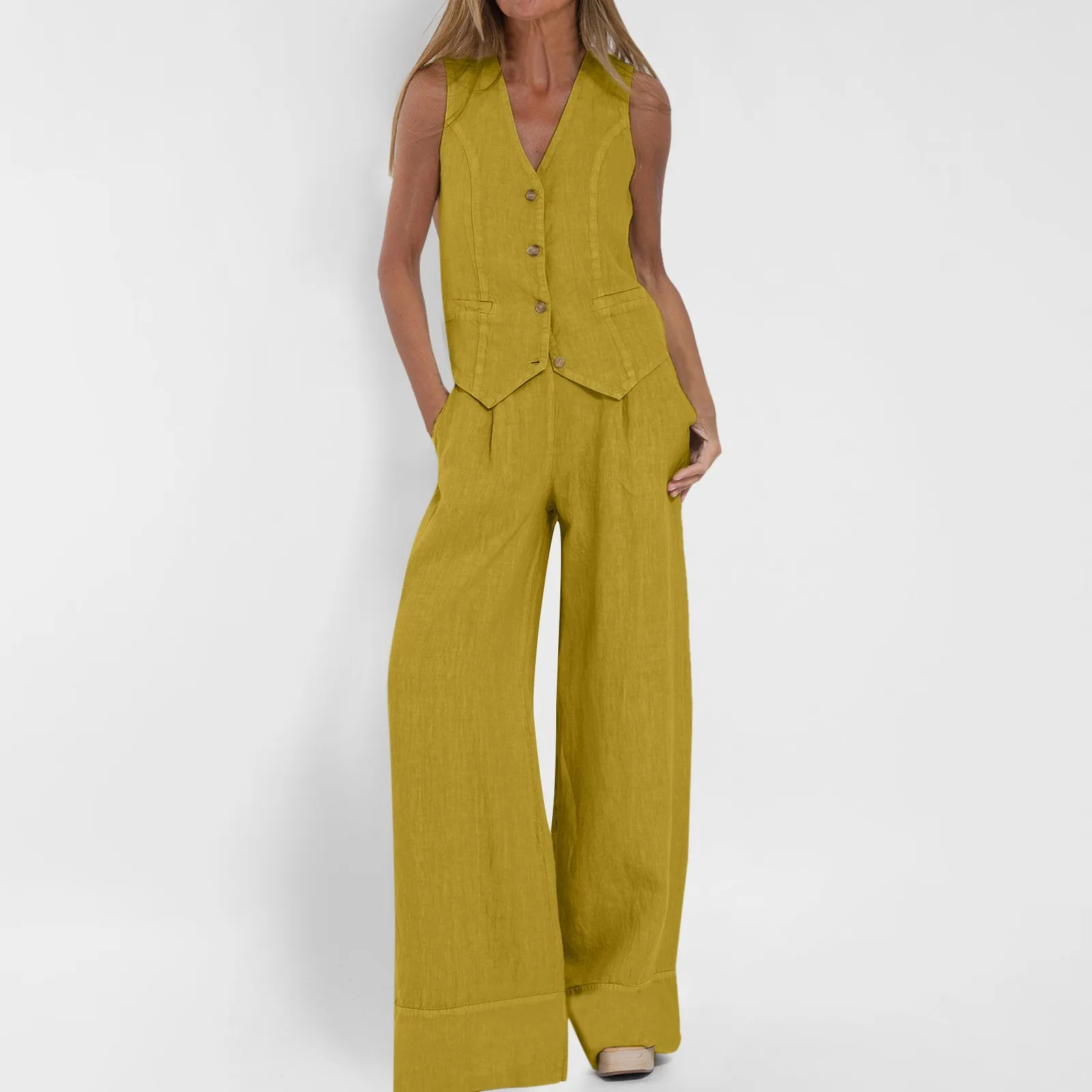 Women's 2 Piece Cotton Casual Outfits Womens Button Sleeveless Vest Shirt Straight Wide Leg Sweat Pants And Tops for Women