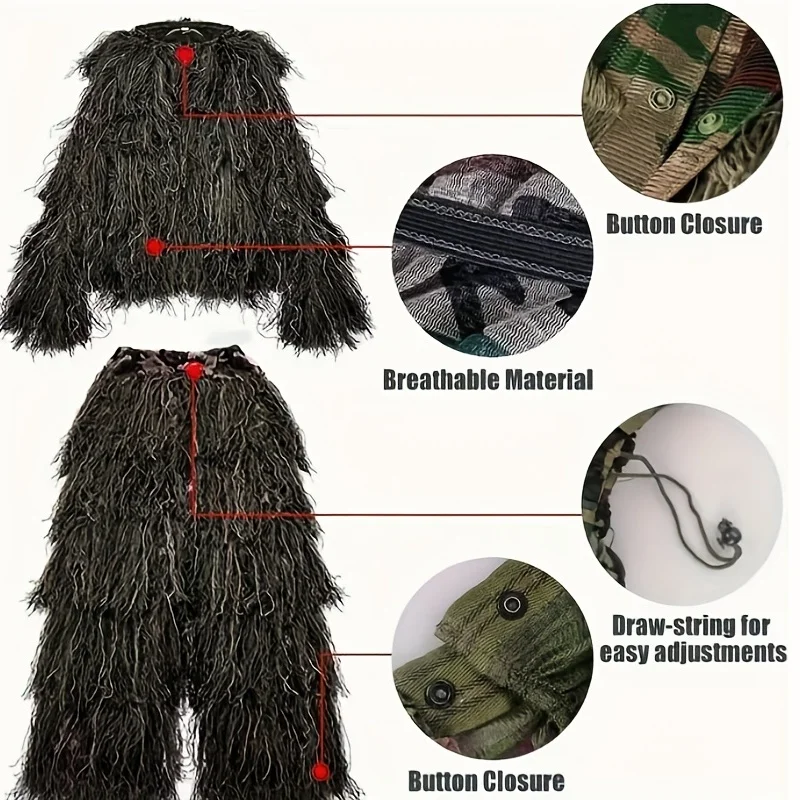 5-in-1 Camouflage Suit Outdoor Hunting Jungle Dry Grass Color Photography Bird Watching Cloth Adult Kids ghillie suit