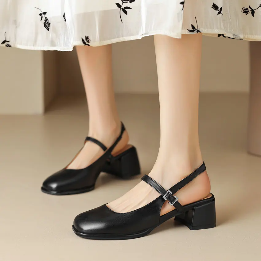 QUTAA Women Pumps Spring Summer Slingbacks Sandals Working Thick Med Heels Genuine Leather Shoes Woman Size 34-43