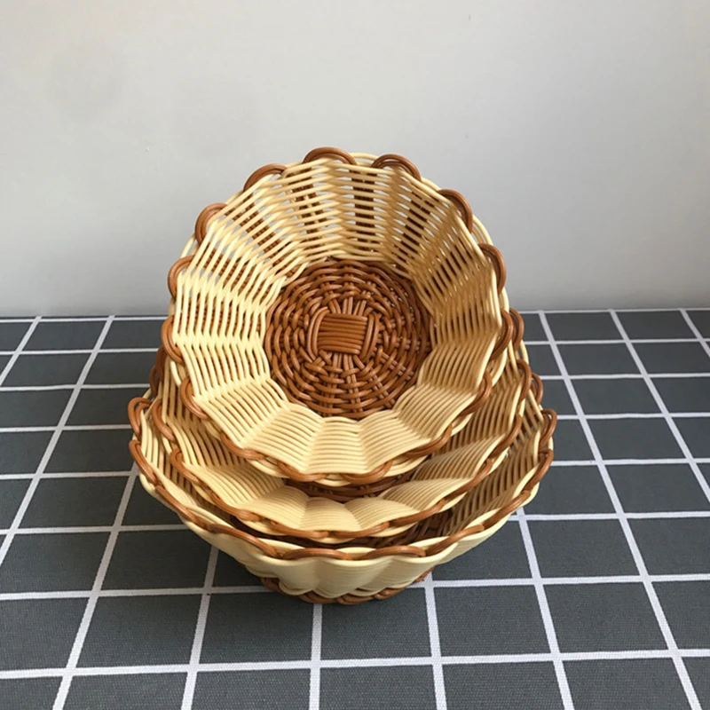 Picnic Basket Round Simulation Rattan Bread Storage Basket Woven Storage Fruit Cake Snacks Tray Hand Woven Tray
