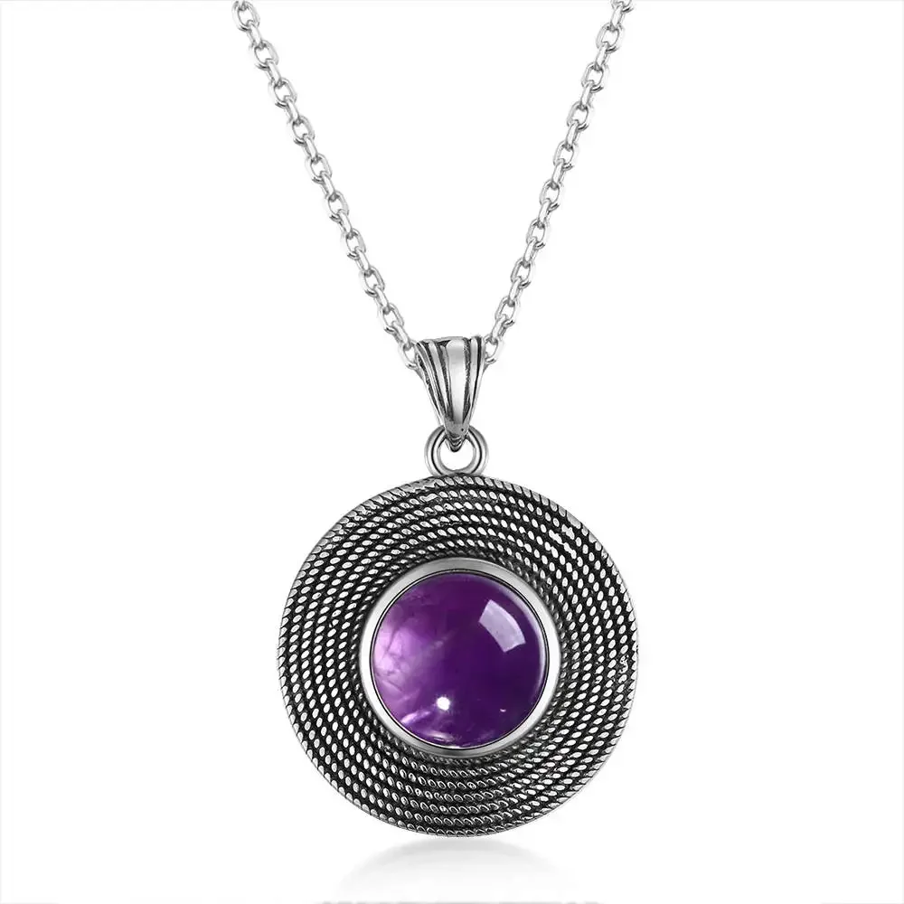 Silver 10MM Round Amethyst Pendant Necklace Ladies Handmade Natural Gemstone Charm Necklace for Women Gift
