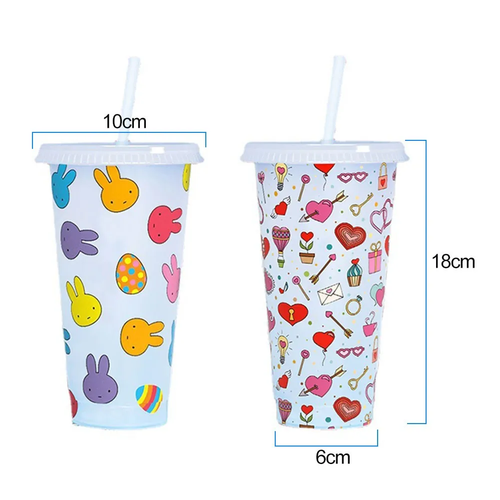 

710ml Reusable Color Change Straw Cup With Lids Plastic Food-graded Cold Tumblers Bulk Cups Lightweight Travel Water Bottle