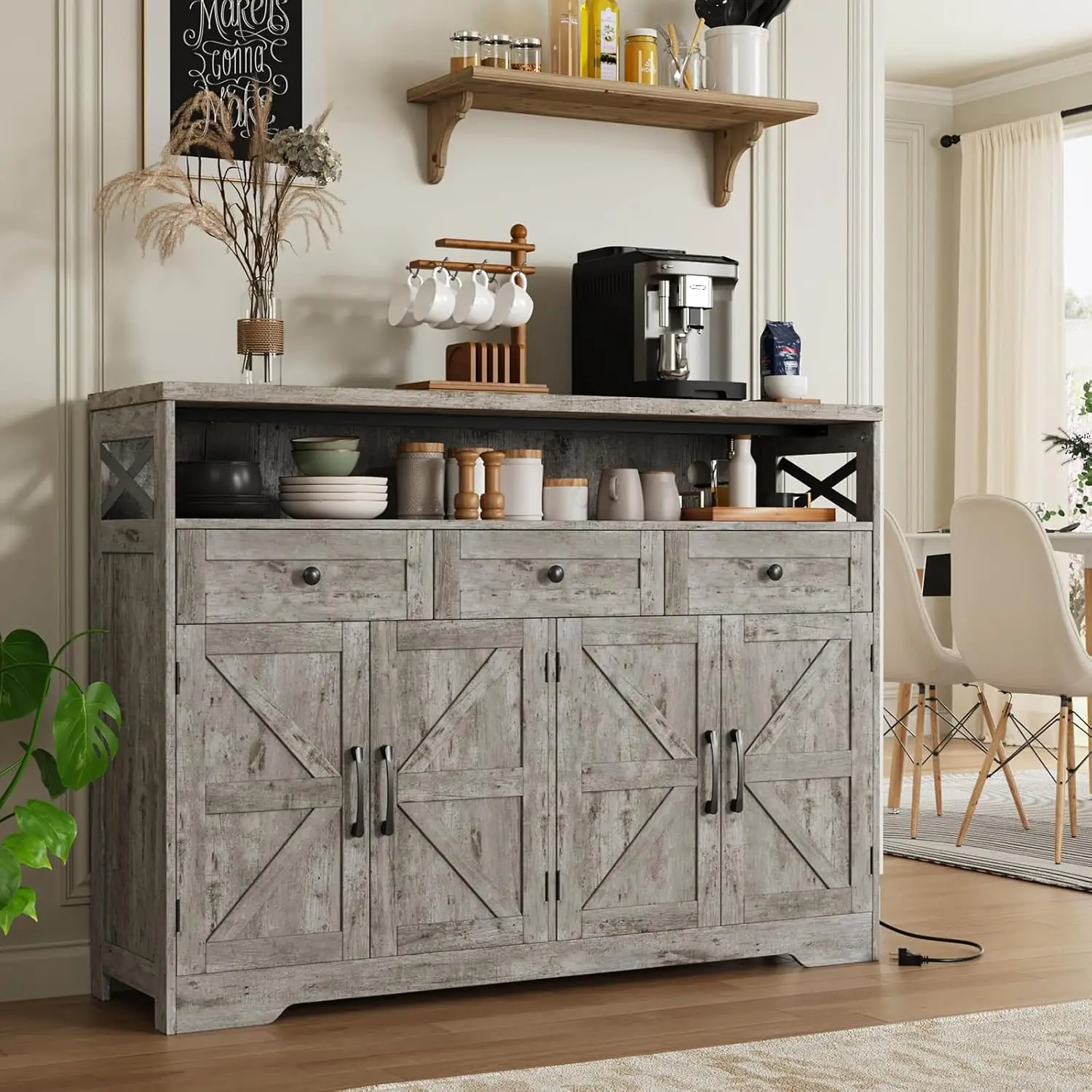 51" Farmhouse Buffet Sideboard Cabinet with Drawers and Barn Doors, Storage Cabinet with Shelf, Kitchen Pantry, Customized 2
