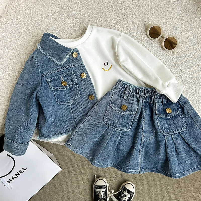 2-8 year old girl's denim set with retro lapel long sleeved denim