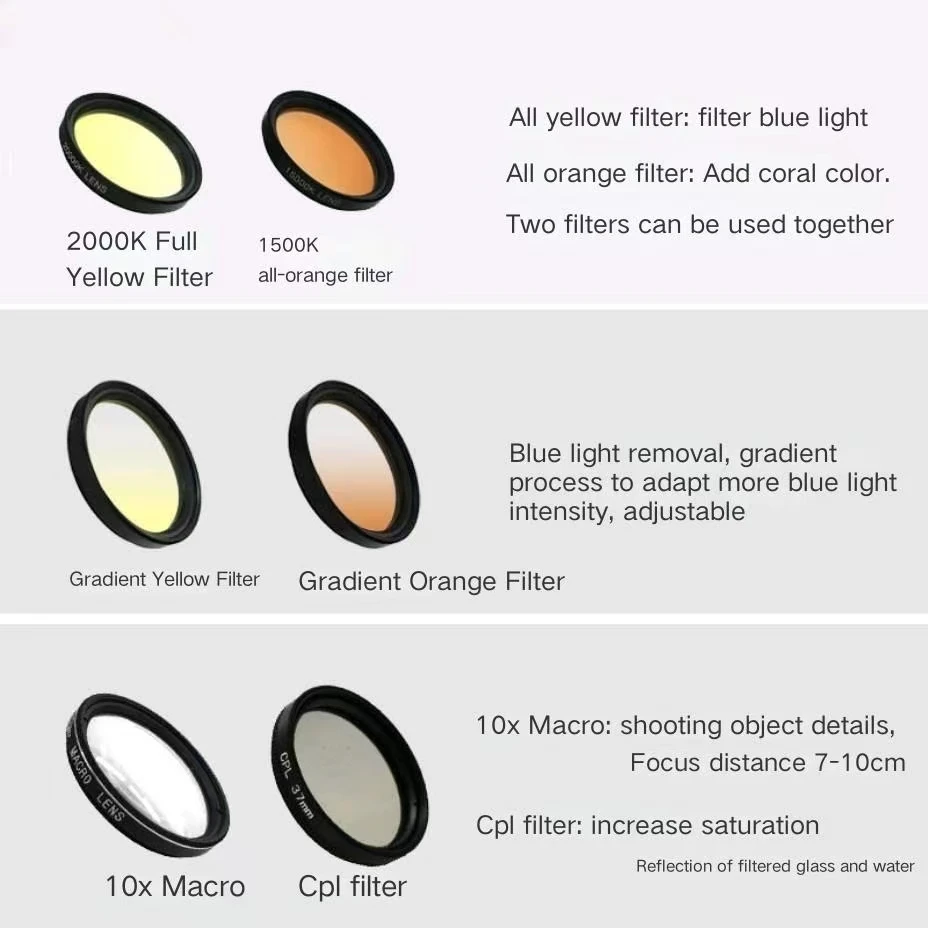 Aquarium Coral Fish Tank Blue Light 6-in-1 Set Phone Camera Lens Filter Macro Lens Yellow Orange Filter Coral Reef Aquarium aquarium camera lens