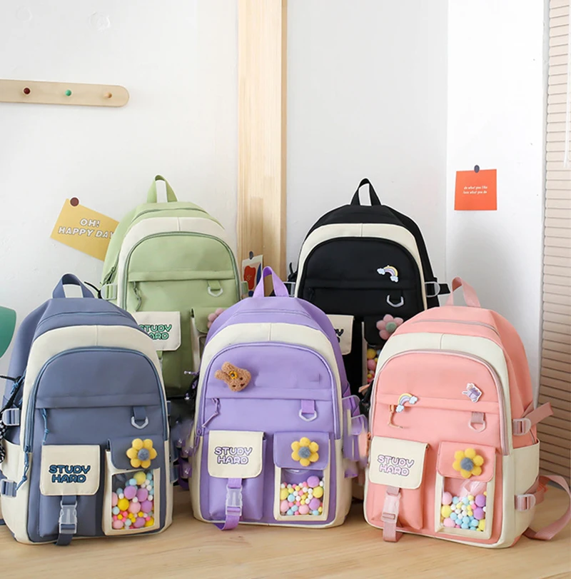 5 Pcs/Set Harajuku Kawaii Kids School Backpack Cute Women's Bagpack Bookbag Laptop Bag For Teenage Girls Students Bag Rucksack 2