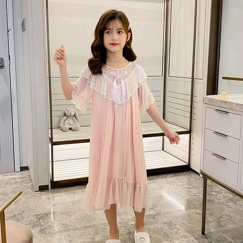 단색 레이스 어린이 잠옷, 가정 용수철, 여름 소녀 잠옷,  통기성 모달 반팔 잠..