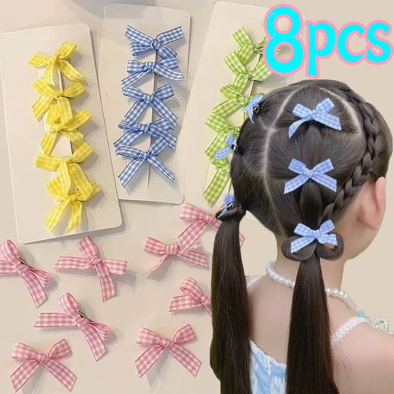 

8pcs Candy Color Plaid Bow Hair Clip Girls Kids Sweet Bowknot Ribbon Hairpins Grip Barrettes Cute Kawii Handmade Headwear Pins