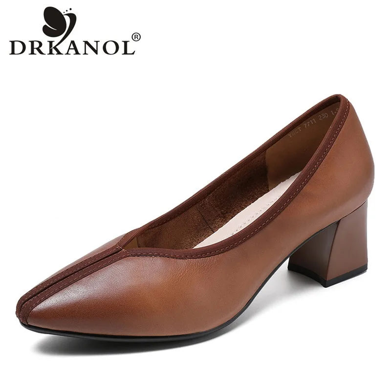 

DRKANOL New Design Women Pumps Spring Summer Shallow Pointed Toe Luxury Genuine Leather Square High Heel Casual Office Shoes