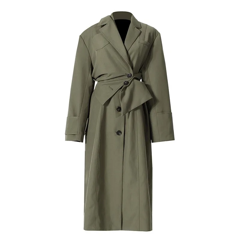 

Women Green Irregular Big Size Trench Design Patchwork New Lapel Long Sleeve Loose Fit Windbreaker Fashionoffice Lady Coats 2023