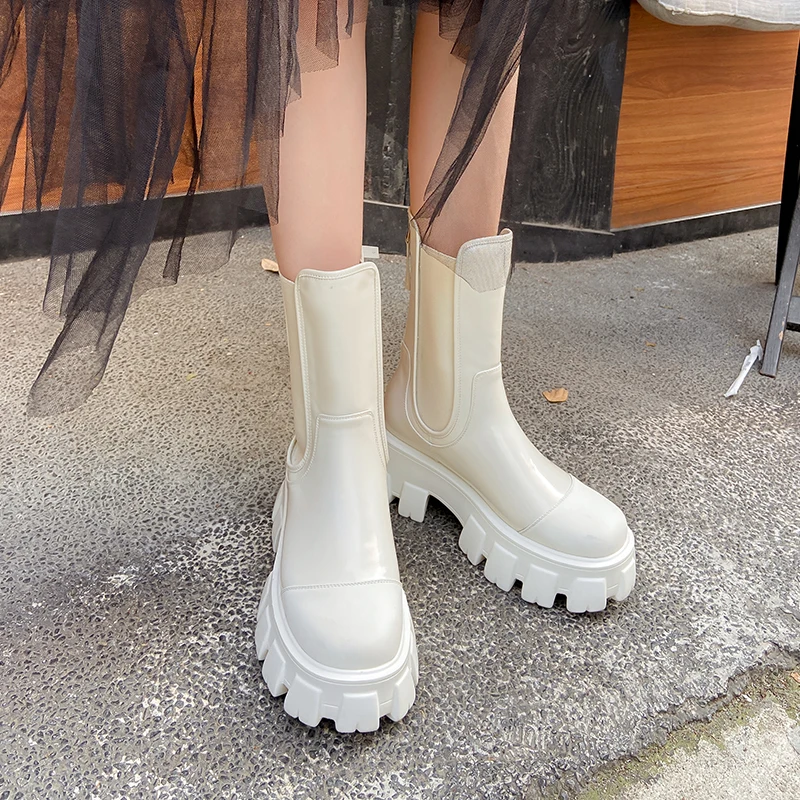 

Punk Style Women's Mixed Color Chunky Platform Ankle Boots Leather Thick Sole Botas Mujer Fashion Designers Boots Autumn Winter