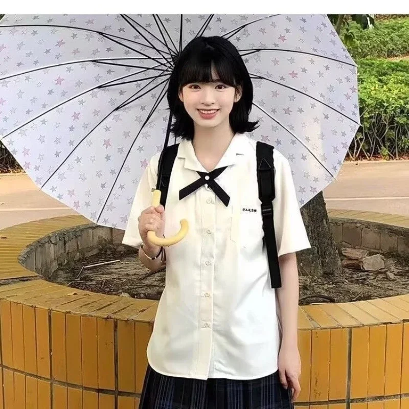 크림 화이트 반팔 자수 블라우스 일본 JK 유니폼 스타일 패션 탑 여학생용 편안한 학교복