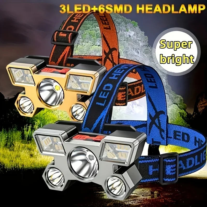 Portable Flashlight 1pc Super Bright 3LED+6SMD Headlights USB Rechargeable 4 Modes Night Outdoor Fishing Camping Adventure