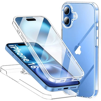 360 ° Custodia protettiva per tutto il corpo per iPhone 16 15 14 13 12 11 Pro Max Plus Mini Custodia morbida in silicone con cover rigida trasparente ibrida