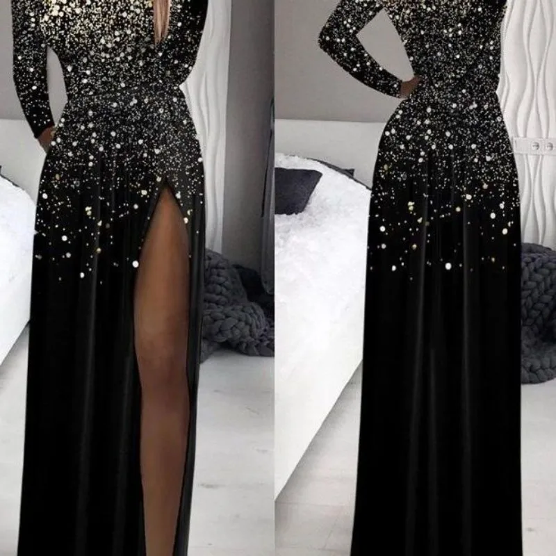 

Новинка осени 2024, женская одежда, блестящее платье с длинным рукавом и золотым принтом, с высоким воротником, Сетчатое платье с прострочкой и высоким разрезом