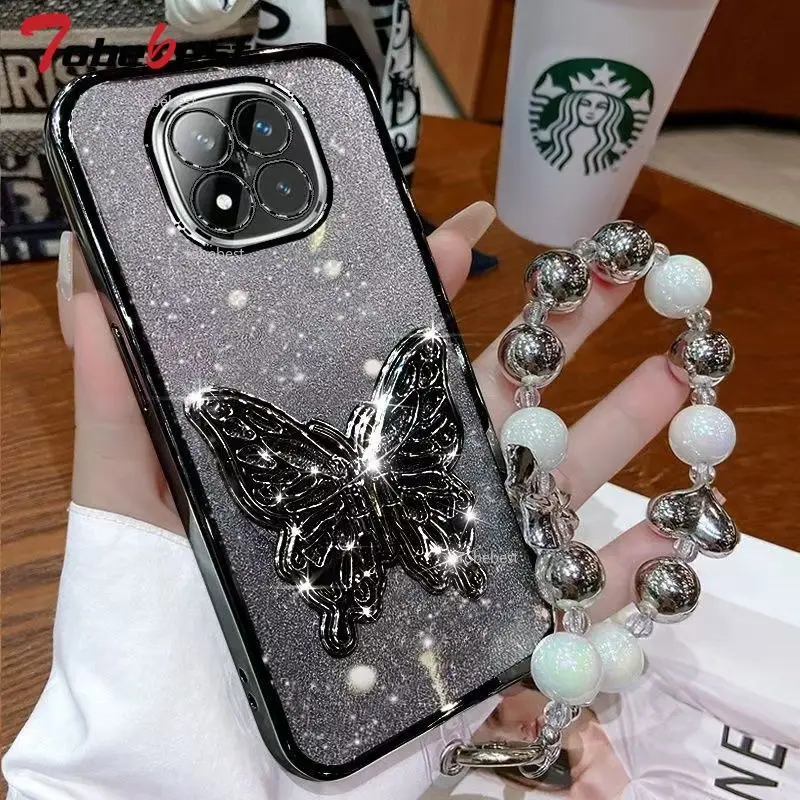 Glitter Plating 3D Butterfly Phone Case with Bead Bracelet Holder