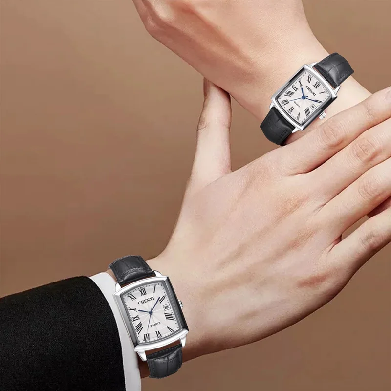Quartz watch Fashion couple watches CHENXI 079A Brand Fashion Couple Quartz watch Elegant Square dial Calendar Leather strap Waterproof Men Women Casual Wristwatch