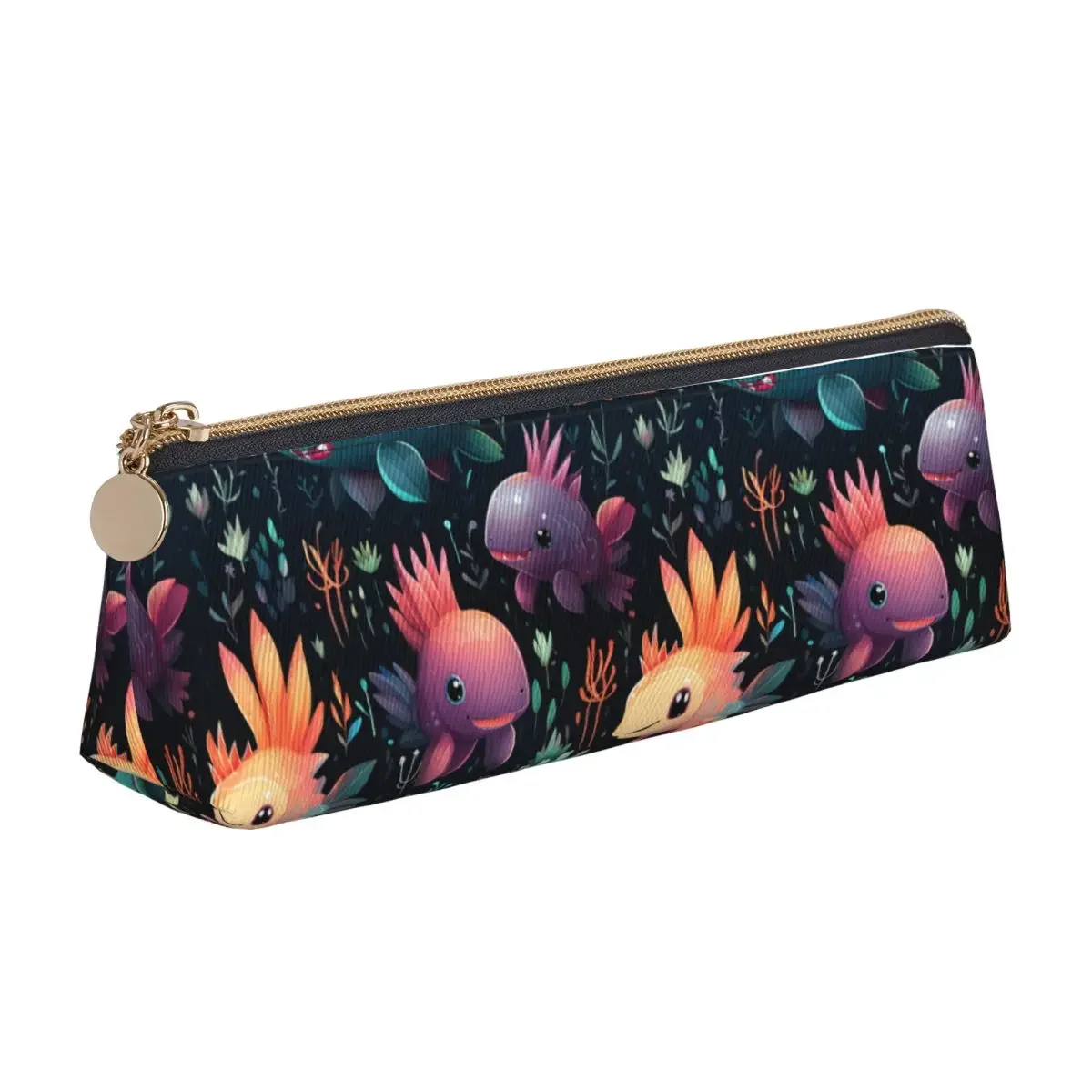 

Axolotl Leather Pencil Case fin colorful Back to School Teens Zipper Pencil Box Retro Big Triangle Pen Bags
