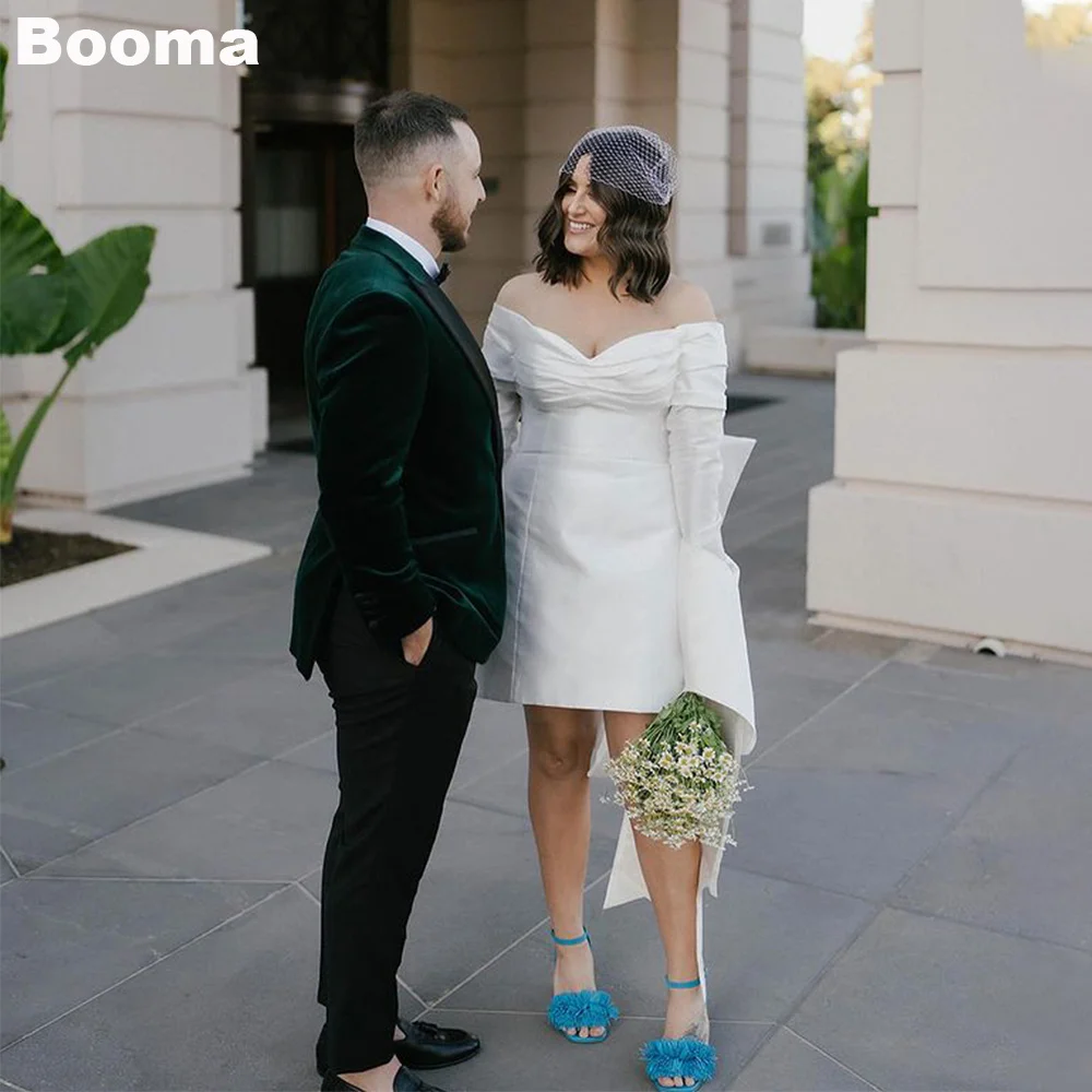

Booma Short Wedding Party Dresses Off Shoulder Long Sleeves Stain Brides Gowns for Women Big Bow Draped A-Line Cocktail Dress