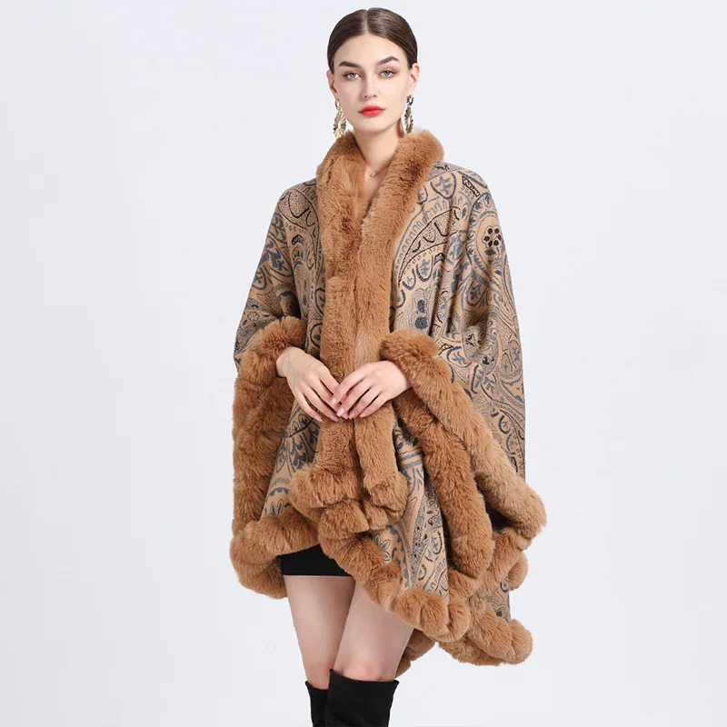 

Winter Poncho Women Faux Fur Collar Cloak Cape Large Size Knitted Cardigan Loose Outer Jacket Women