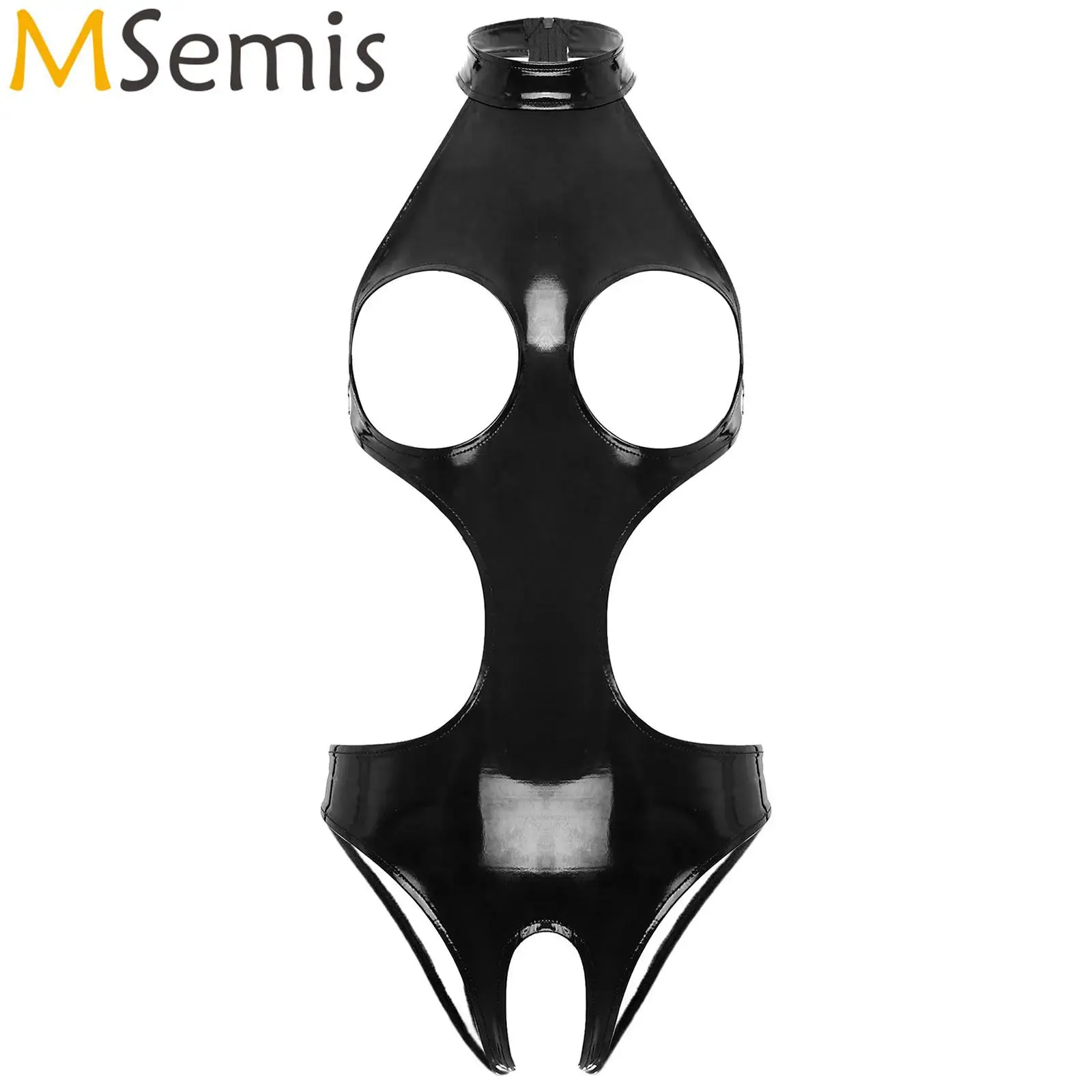 

Womens Open Crotch Back Zipper Bodycon Costume Lingerie Nightwear Wet Look Cutout Sexy Bodysuit Halter Cup Hollow Out Jumpsuit