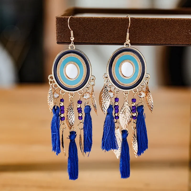 Drop Earrings Bohemian Silk Tassels Statement Earrings For Women Leaf Geometric Handmade Beads Drop Dangle Earring Girls Ethnic Jewelry drop earrings,dangle earrings