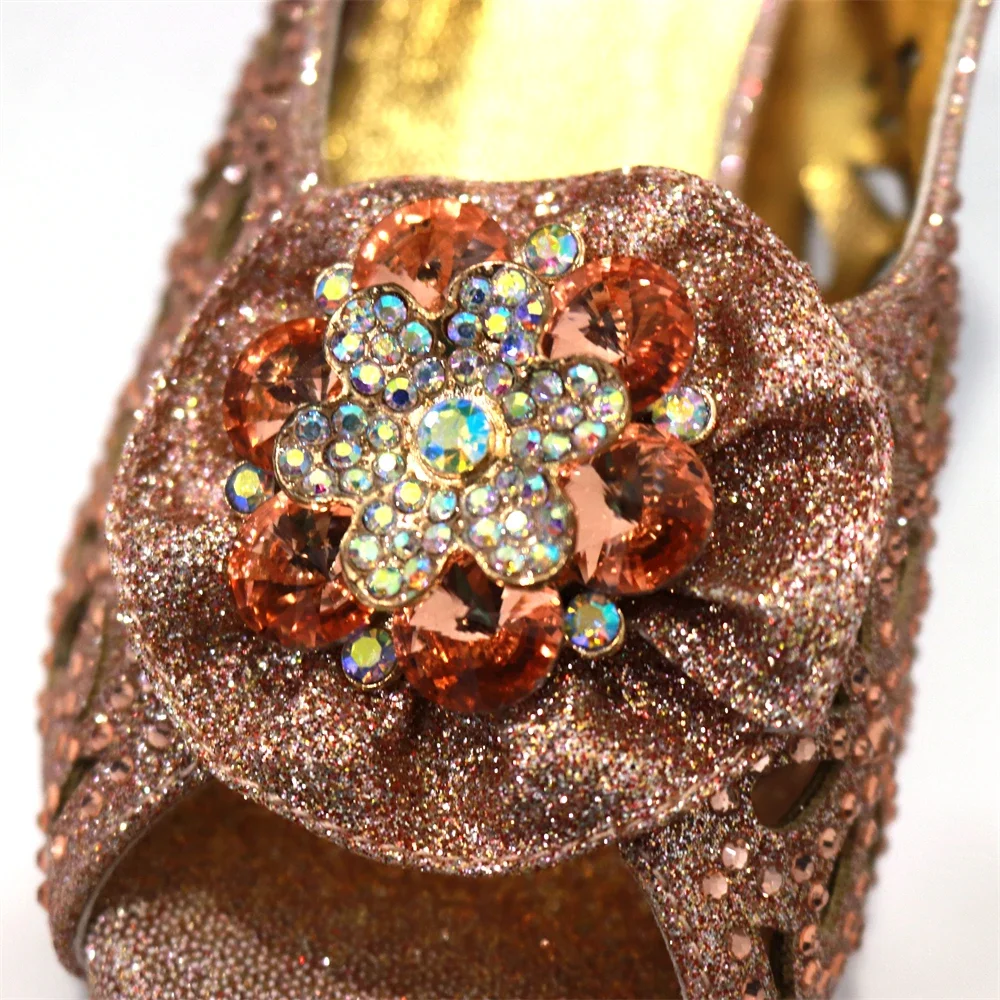 Women High Heels Sandals Printing Flower Material with Rhinestone Italian Design Champagne Color Open-Toed Shoes 5
