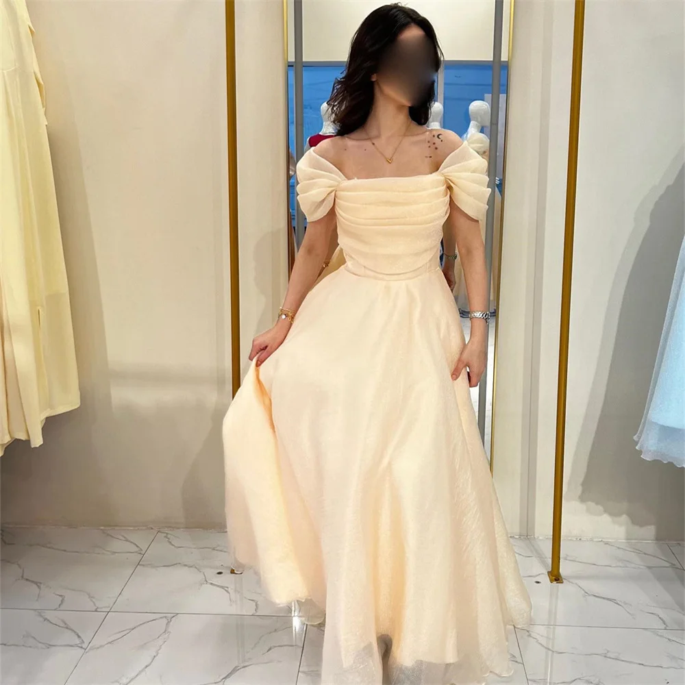 

MULOONG Elegant Square Neck Short Sleeve Pleat A Line Evening Dress Floor Length Sweep Train Long Fashion Formal Prom Gown New