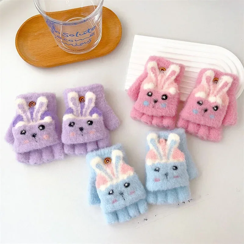 3-6Y New Cartoon Cute Girls Kids Warm Gloves Boys Children Outdoor Cycling Windproof Mittens Baby Writing Half Finger Flip Glove 4