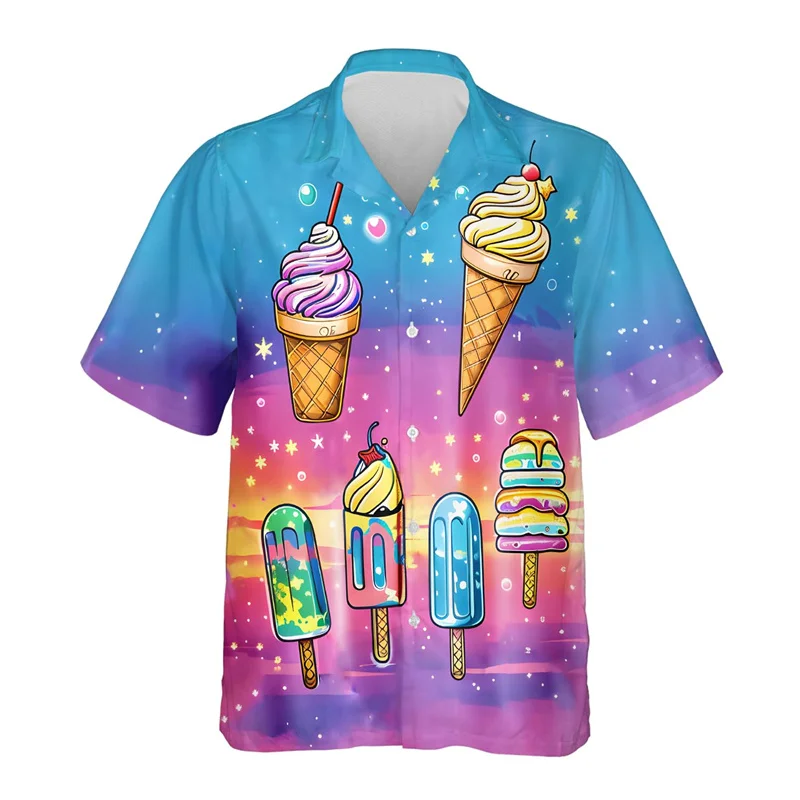 thumbnail image 1 of Camisa hawaiana con estampado 3D de helado abstracto para hombre, camisas hawaianas con estampado de paletas de dibujos animados, blusas casuales holgadas, blusas de manga corta, 1 of 5