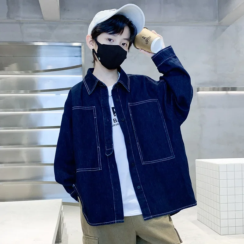 Spring Fashionable Boys' Denim Shirt Children's Outerwear Big Kids Trendy Street Style Spring Autumn Clothing for Boys