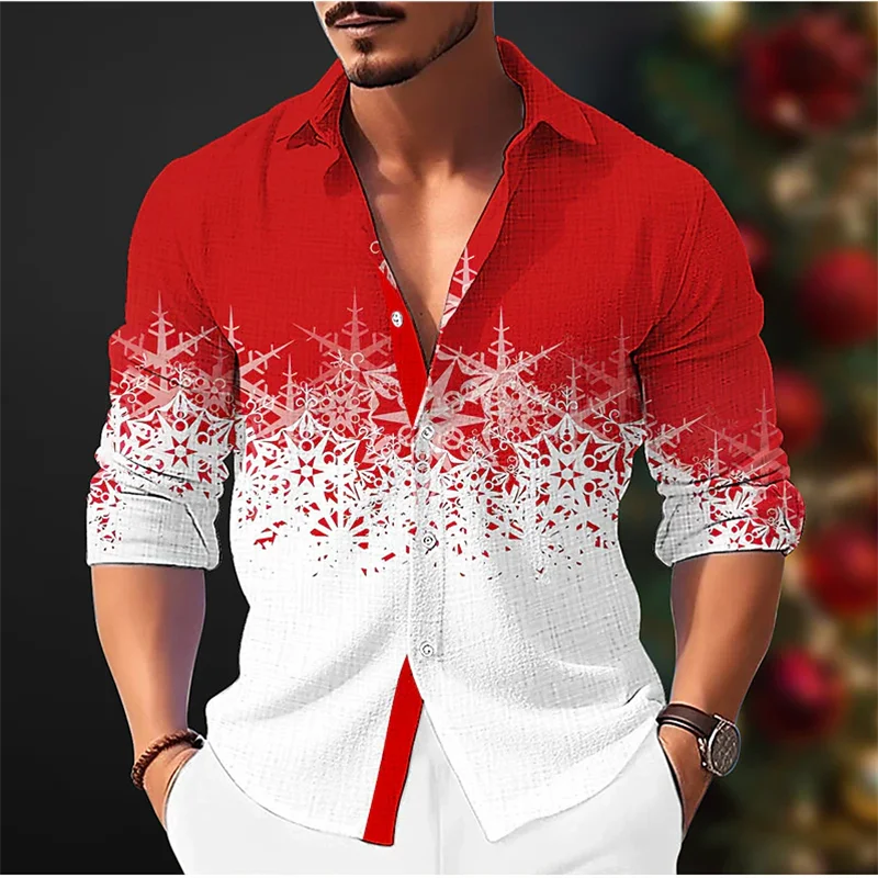 Snowflake 3D Printed Casual Men's Shirt Christmas Autumn and Winter Long Sleeve Lapel Ruby Top XS-6XL Stretch Fabric Shirt