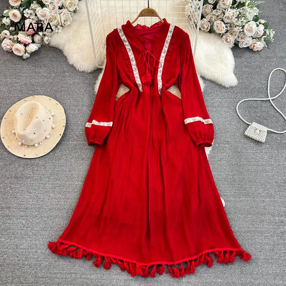 

Bohemian Puff Sleeve Lace-up Tassel Loose Dress Women Vintage Casual Solid 2023 Spring Holiday Beach Ethnic Red Long Dresses