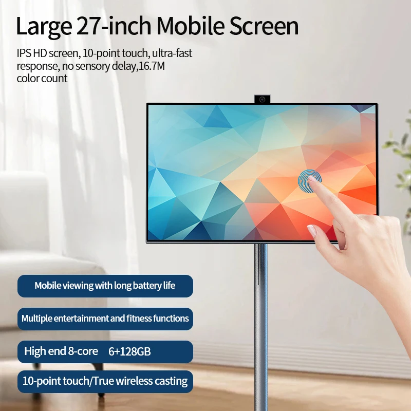 27 Inch Movable 128Gb Tablet Tv Interactive Charging Smart Television on Wheels Built in Speaker Portable Tv Lcd Smart