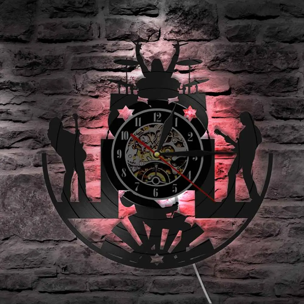 Rock Band Music Group Orologio Da Parete Rock Band Batterista Heavy Metal Group Guitarist Performance Stage Show Orologio Da Parete Con Dischi In Vini