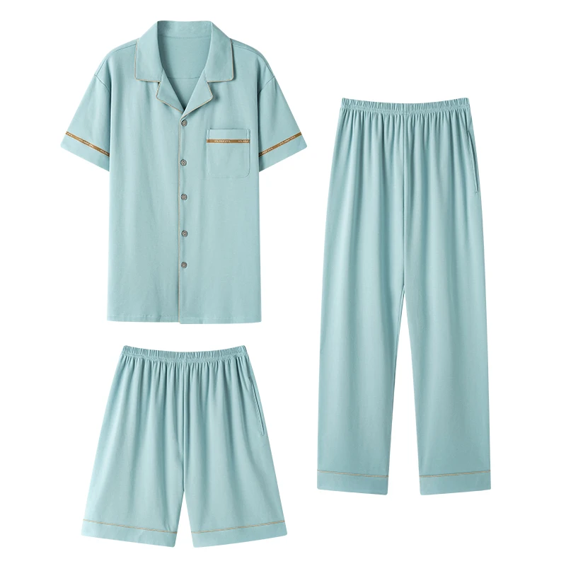 3PCS/Set Male Nightwear Suit Summer Short Sleeve Pajamas Striped Homewear Men Big Yards4XL Cotton Pijama