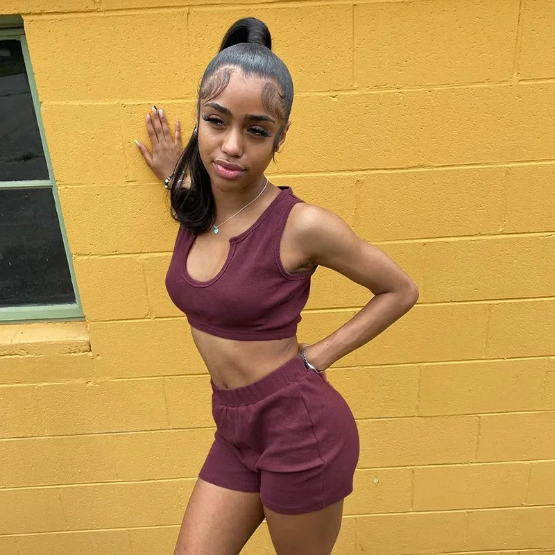 Women U-Neck Sleeveless Vest Solid Color High Waist Slim Shorts Two Piece Set Wine Red Streetwear Summer Casual Sport Shorts Set