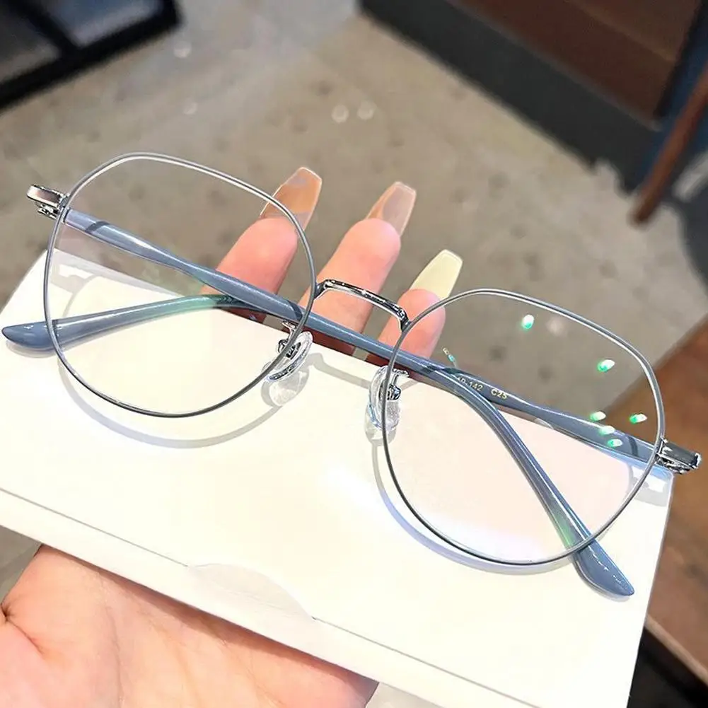 Anti Blue Light Glasses Anti Radiation Glasses Women Glasses Fashion Eyeglasses Clear Glasses Women Polygonal Metal Frame Eye Glasses Blue Light Eyewear Fashion Anti Eyeglasses 0 Mirror Flat Girl X5T3