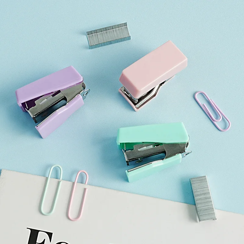 Portable mini stapler small stapler office supplies macaron color paper clip set