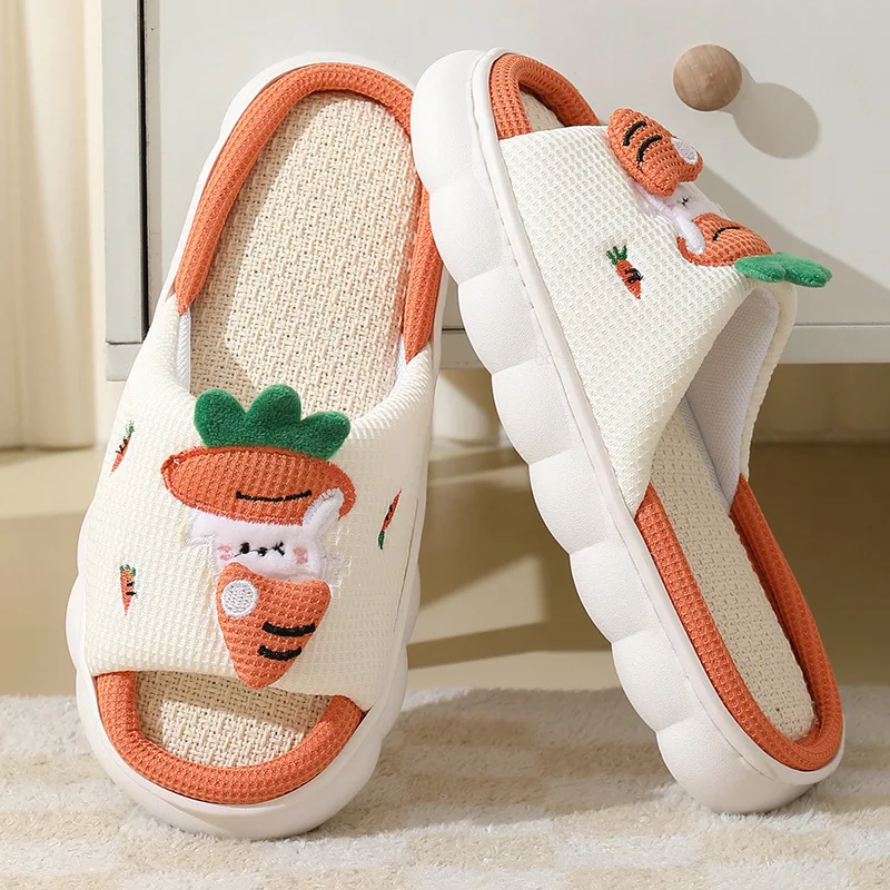 

Cute Cartoon Bunny Rabbit Cotton Linen Slippers Women Summer Breathable Thick Platform Slides Slippers Kawaii Flip Flops Sandals