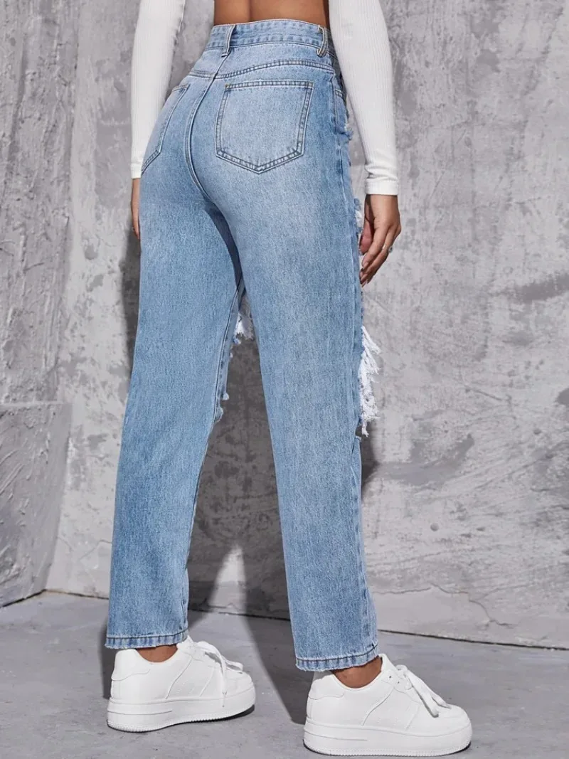 Denimcolab Fashion Hole Washing High Waist Jeans Woman Cotton Denim Straight Pants Ladies High Street Ripped Jeans Trousers