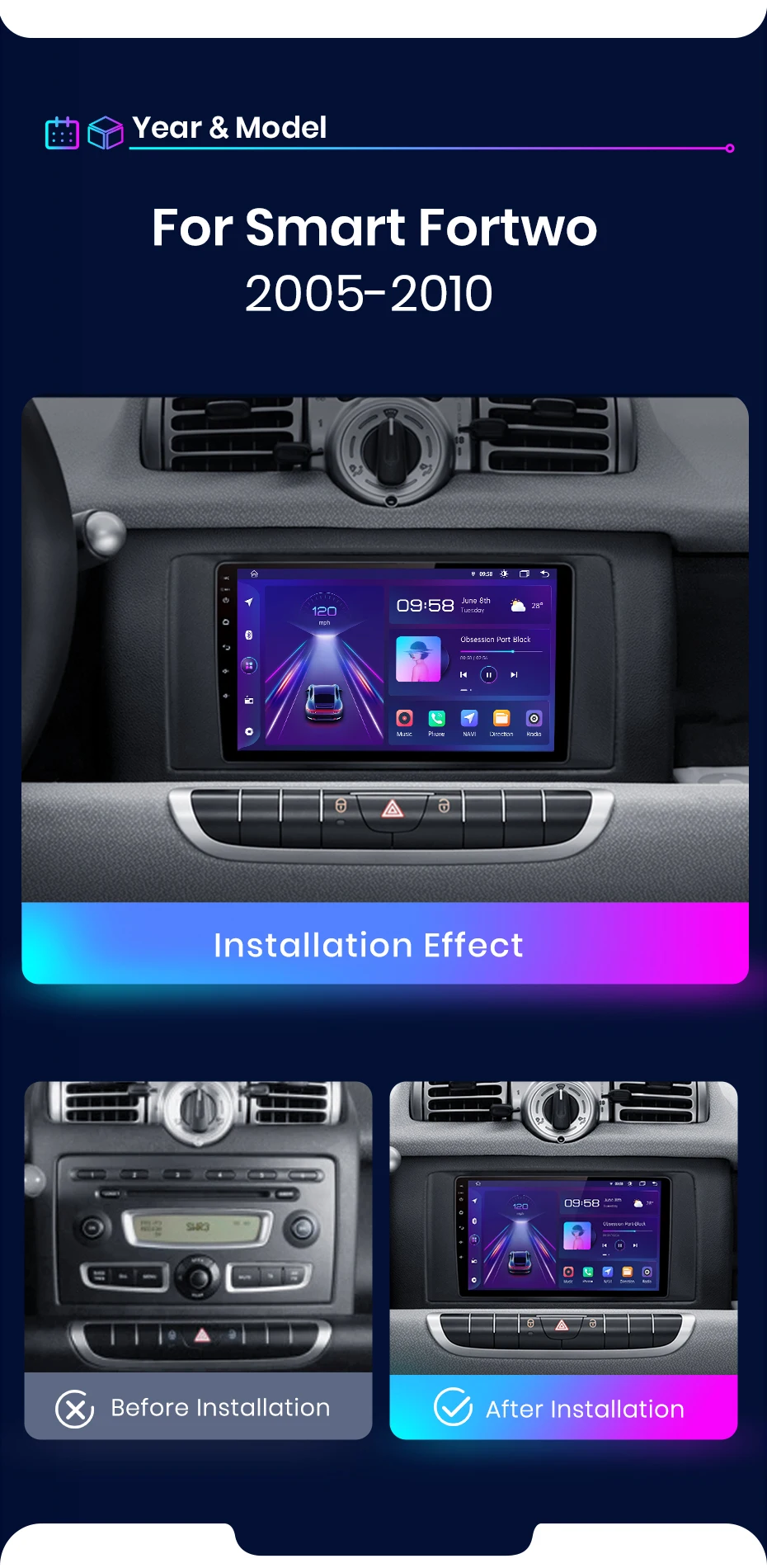 Android Autoradio für Smart Fortwo 2005-2010 9 Zoll GPS Navigation Carplay DSP Bluetooth FM Lenkradbedienung