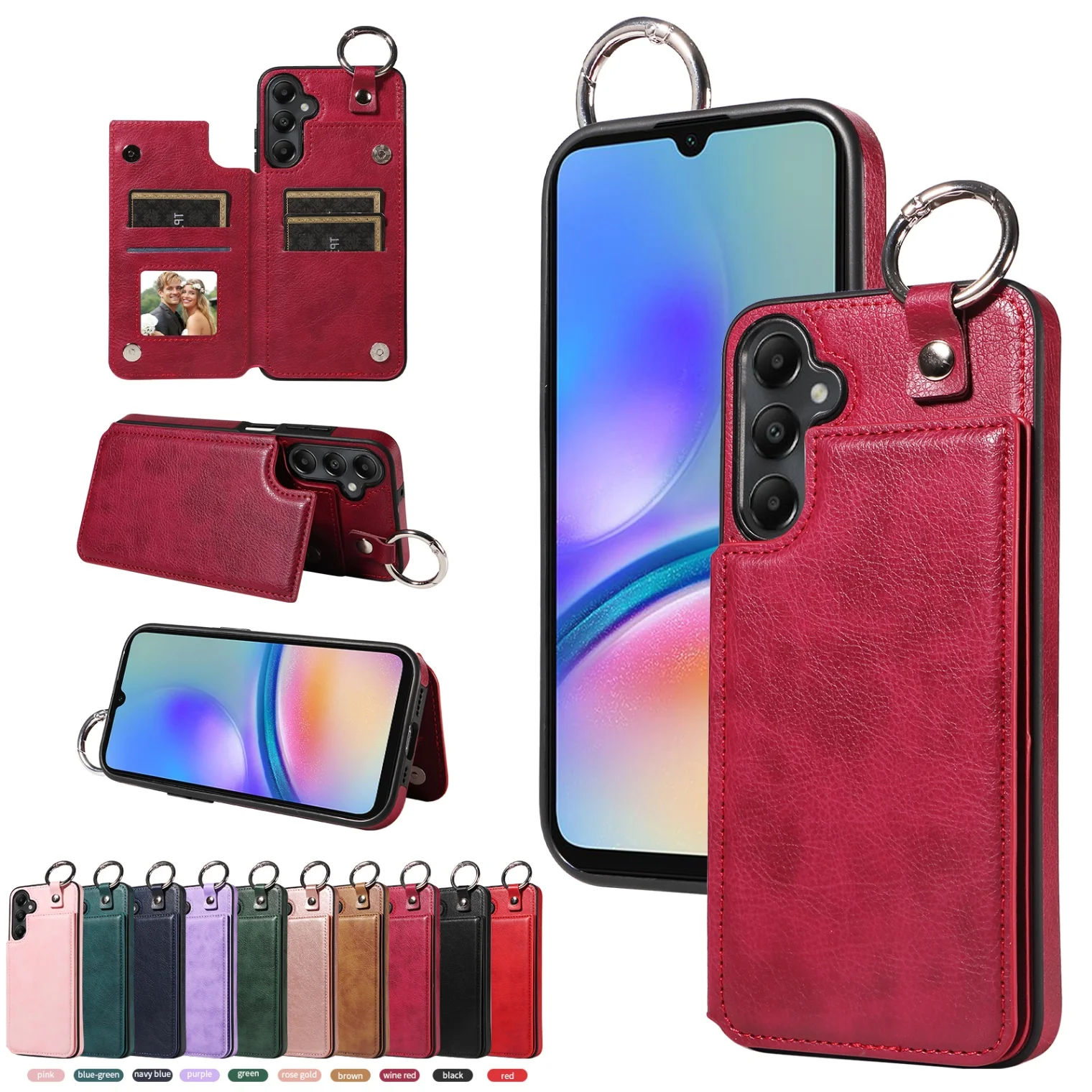 Leather Wallet Phone Case with Ring Holder & Card Slot - Shockproof Cover