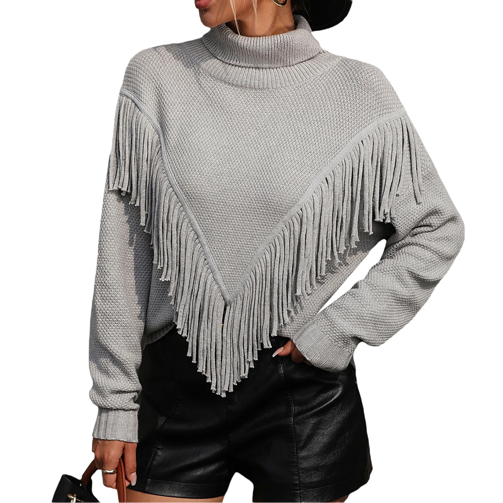

Women's Fashion Knit Sweater Long Sleeve High Neck Tassel Decor Casual Pullover Tops Autumn Winter Knitwear