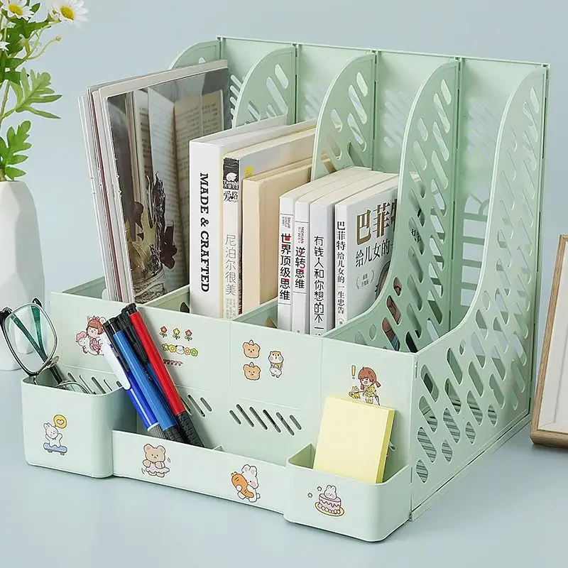 Pink Office Supplies File Rack Quadruple Plastic Bookshelf Desktop Data Sorting Rack File Column Frame Storage new
