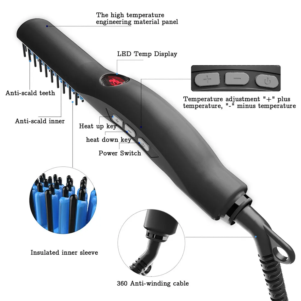 Hair Straight Brush Beard Comb Men Women Anti-scald LCD   Brushes Ceramic Roll Hot Combs ener 360 Rotatable 5